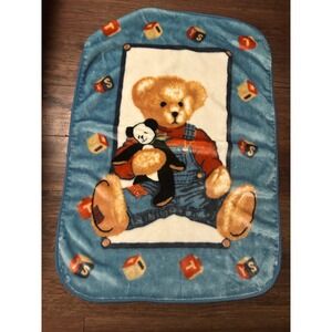 Vintage Teddy Bear Panda Fleece Baby Blanket Blue Alphabet Blocks Plush Throw